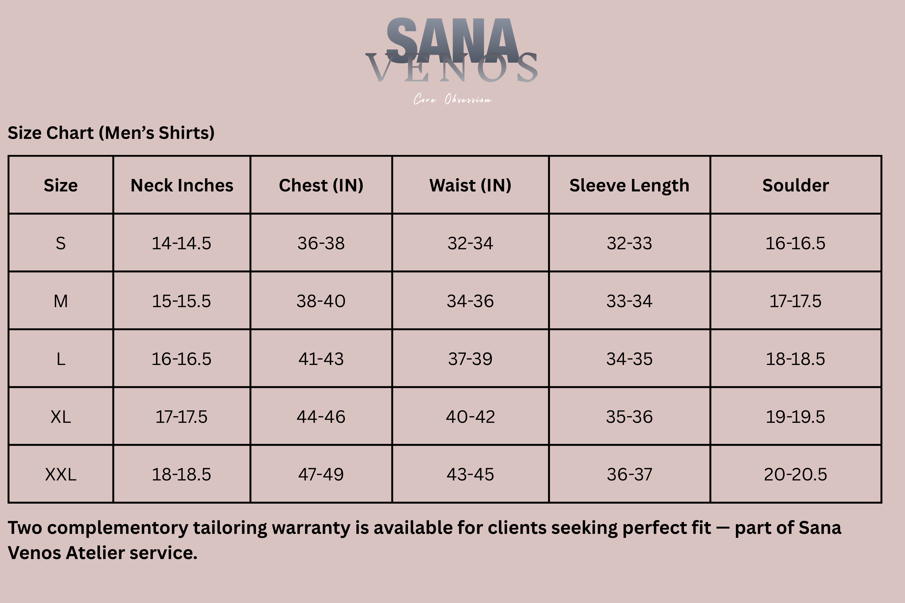 Sana Venos size chart for men's shirts on a beige background